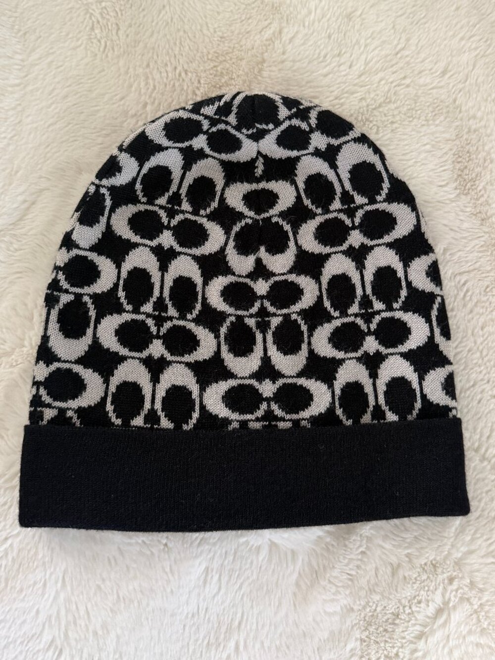 Coach Black White Signature Logo Knit Beanie Merino Wool Blend Women One Size